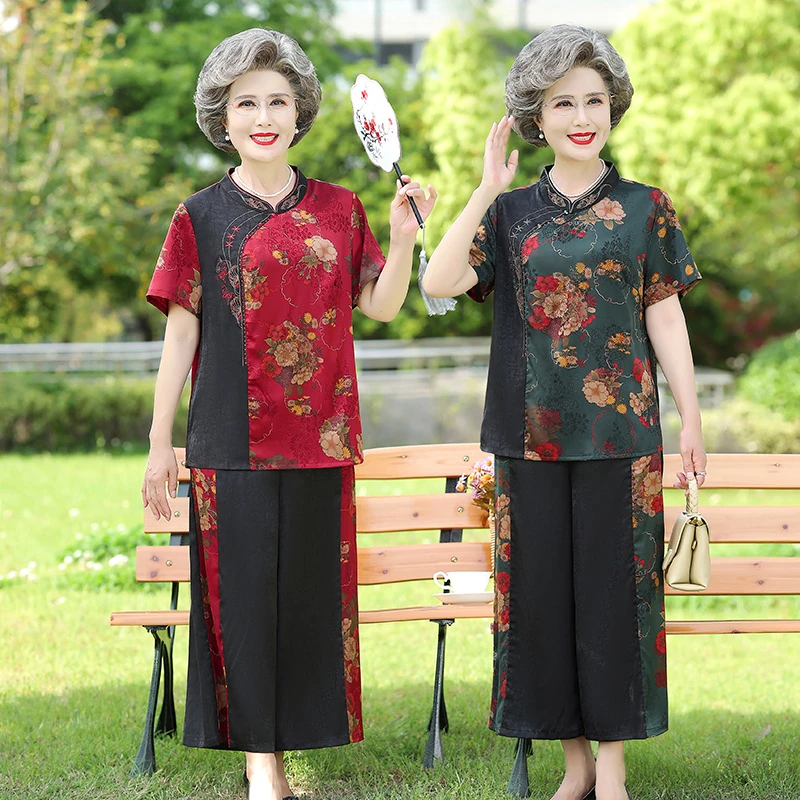 中老年人女装夏装套装奶奶老人妈妈旗袍改良版太太结婚生日上衣服