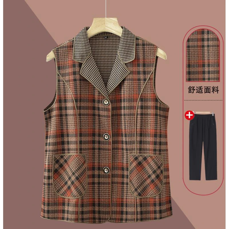 奶奶装格子马甲背心中年女妈妈中老年人时尚外穿老人太太马夹薄款