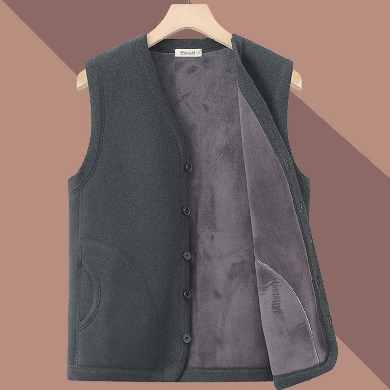 加绒开衫毛背心男士无袖毛衣中老年爷爷爸爸装加厚保暖马甲针织衫