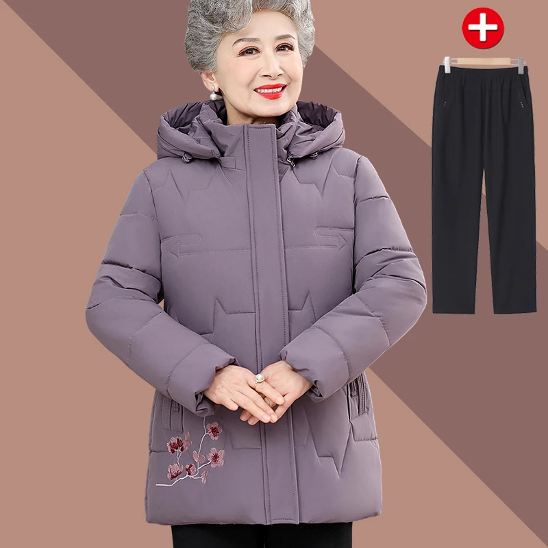 奶奶冬装棉袄加绒加厚棉衣服60岁秋装绣花中老年人外套女妈妈套装