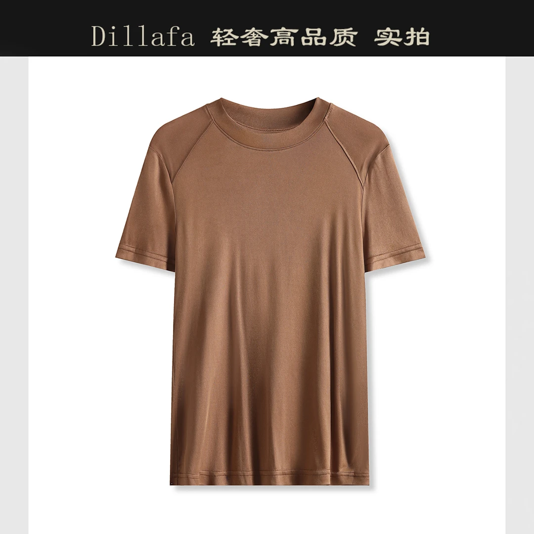 5963 【奢-意法单】醋酸冰凉丝滑！自带光泽！女式亲肤圆领短袖T恤