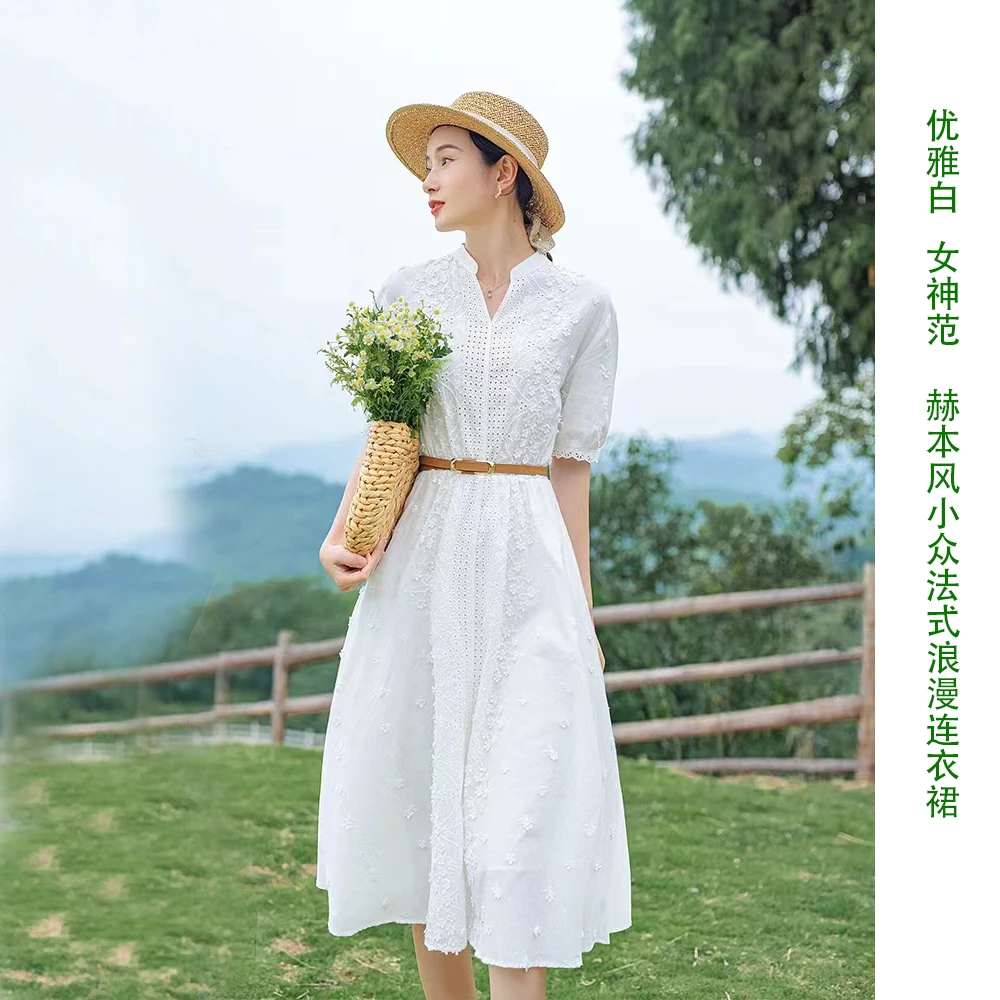 11691 【配腰带】柜货！立体绣花棉! 女夏日短袖赫本风松紧腰连衣裙