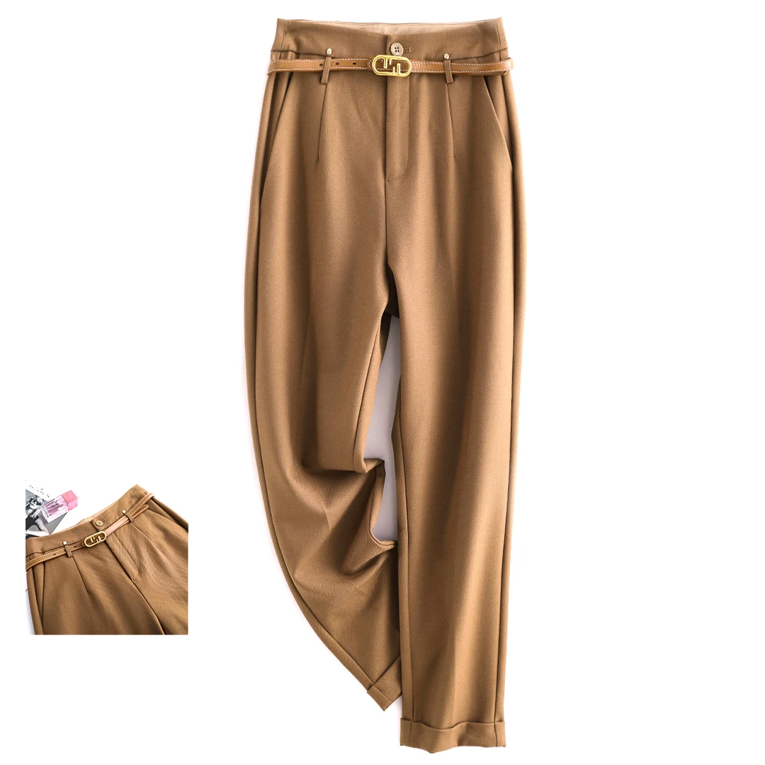 91021 品质柜货！精裁！配腰带烟管裤春秋九分裤高腰显瘦通勤休闲裤