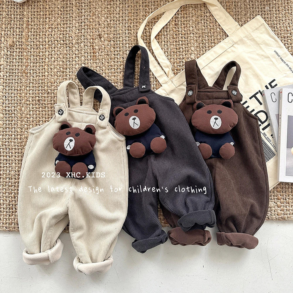 秋冬新潮童INS风卡通潮流宝宝加绒背带裤 MMD-7985条绒小熊背带裤