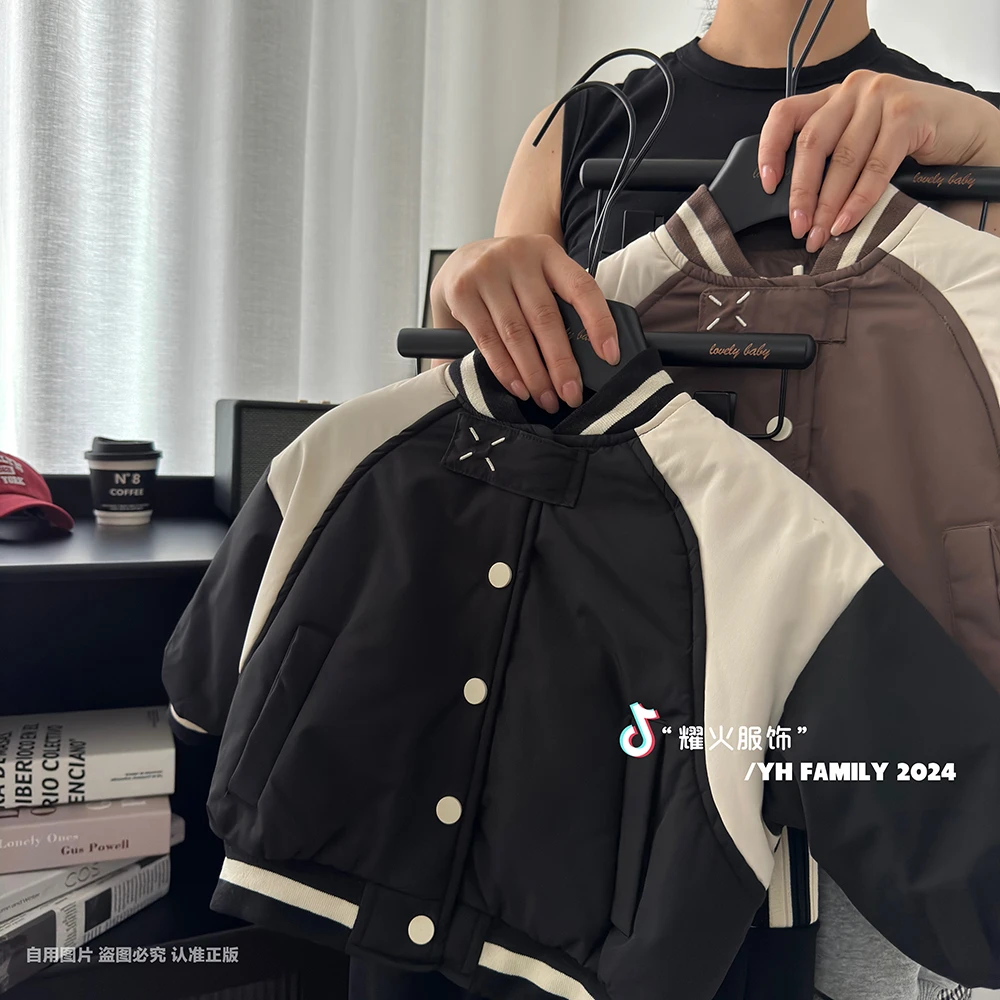 秋冬新简约韩版洋气宝宝棒球棉服外套 HCWT-8817扣袢绣花棒球服