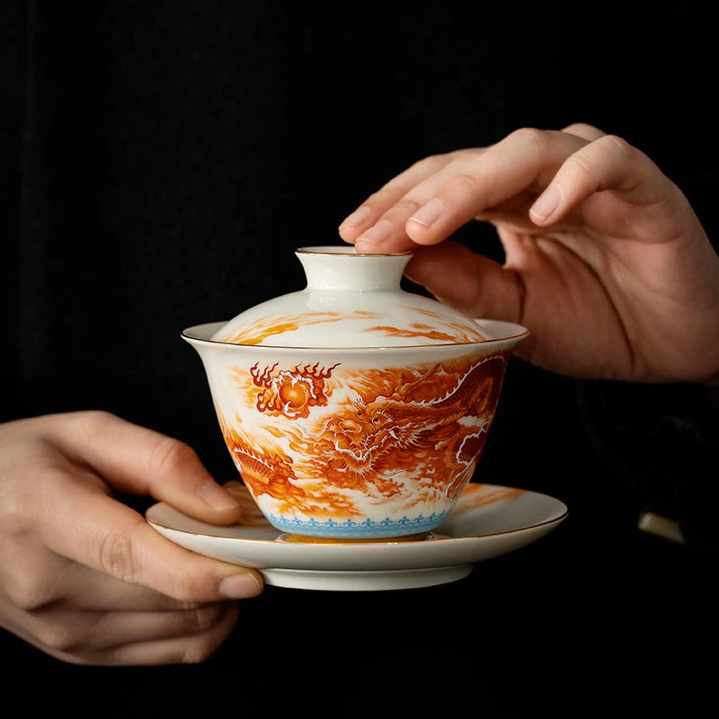 瓷理陶里矾红龙腾盛世描金三才盖碗高档中式茶盖碗轻奢陶瓷茶具