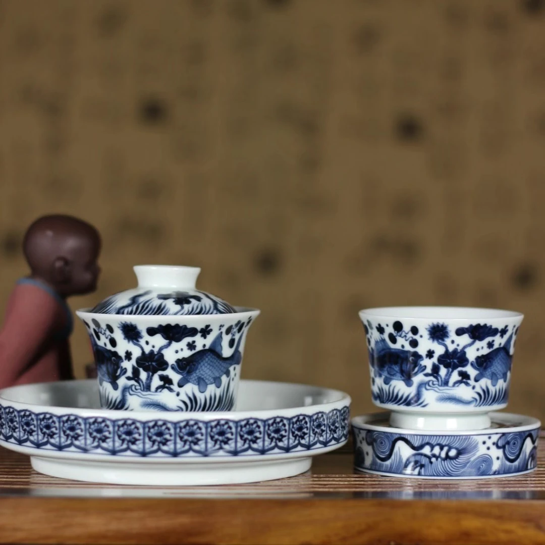 景德镇青花釉下彩茶具仿元青花景德镇手工茶具鱼藻纹岩茶具套装