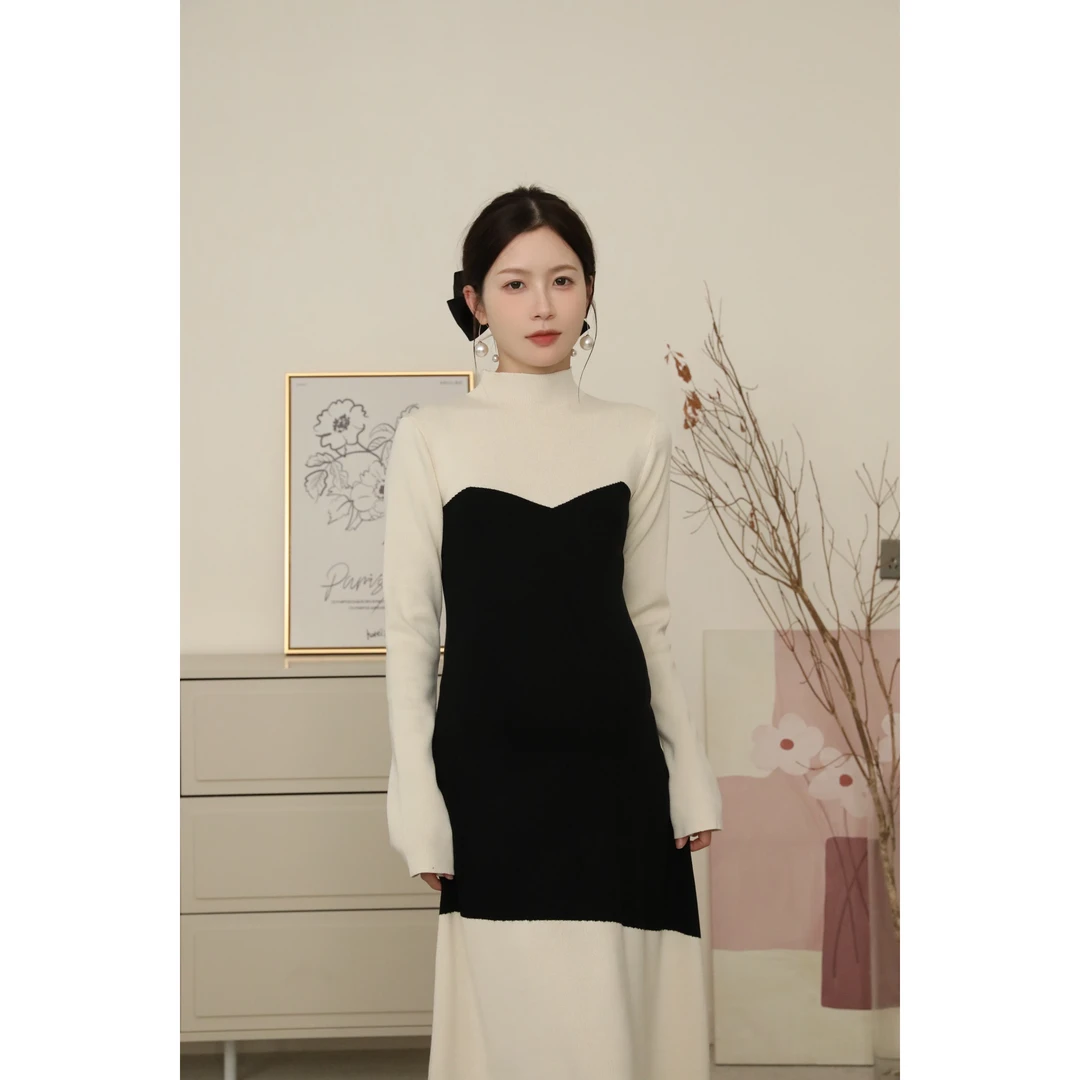 senenmu 拼色鱼尾裙 秋冬新款长袖不规则鱼尾针织连衣裙孕妇装