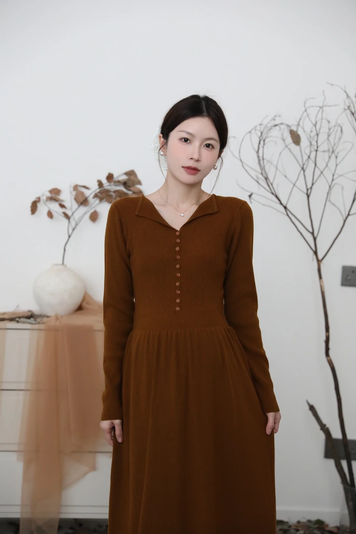 senenmu 小翻领纽扣裙 秋冬新款显瘦气质连衣裙孕妇装