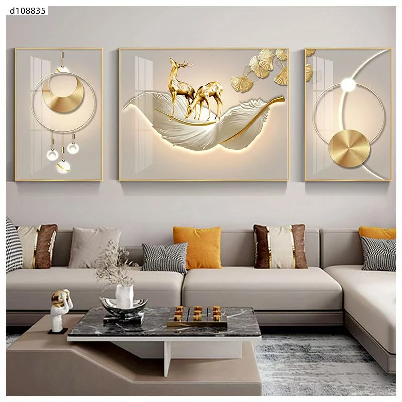 羽毛元素客厅沙发背景三联画适用现代时尚简约轻奢奶油风格装饰画