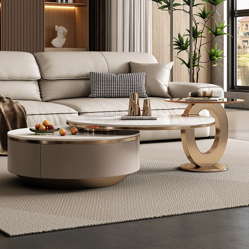 岩板茶几客厅家用小户型2024新款轻奢现代极简高级感圆形折叠茶台