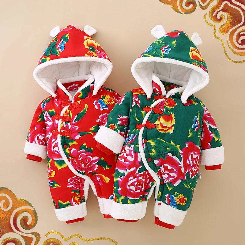 东北大花加厚婴儿冬装连体衣冬季宝宝棉衣初生夹棉服冬天外出抱衣