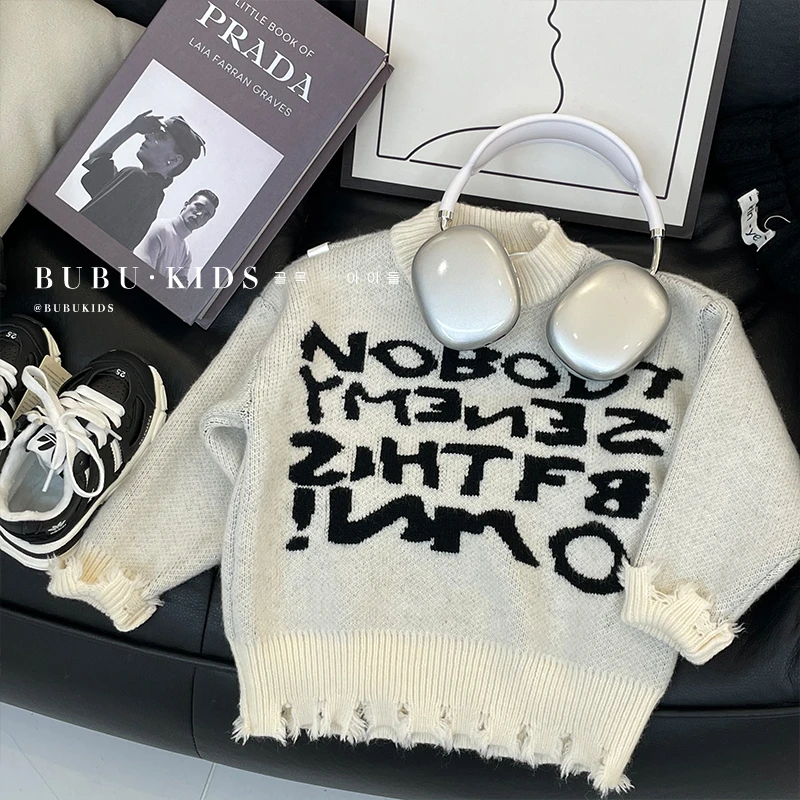 【布布kids】冬装儿童韩版时尚潮流个性破洞字母加厚毛衣QHH0306