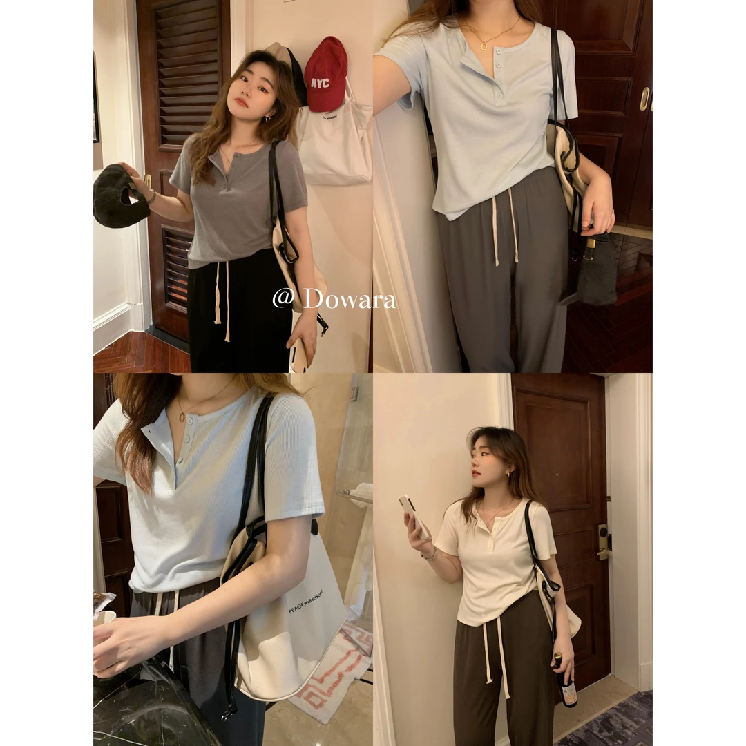 现货3068D大婉酱微胖定制【奶酪芙芙】正肩设显瘦夏季百搭多色短袖