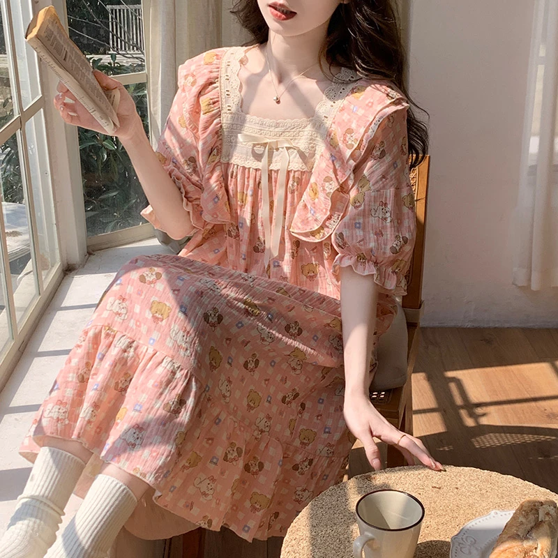 2024夏季皱布短袖套头睡裙女夏天清新公主风长裙大码可外穿家居服