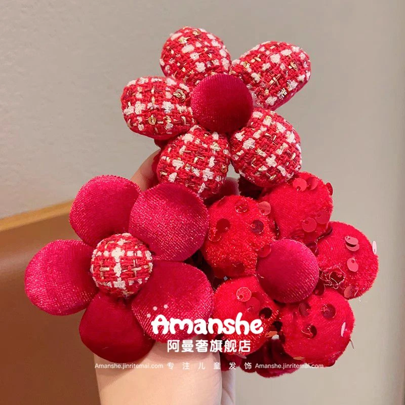 红色大花朵头绳新年喜庆小女孩可爱扎头发马尾皮筋不伤发发圈发饰
