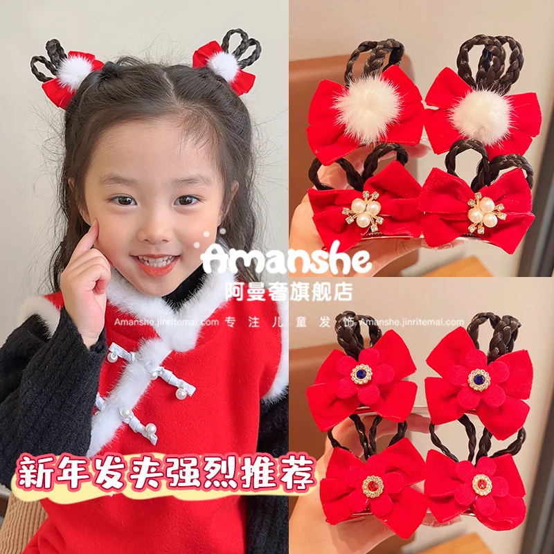 儿童红色蝴蝶结发夹俏皮假辫小女孩中国风立体发夹宝宝过年发饰