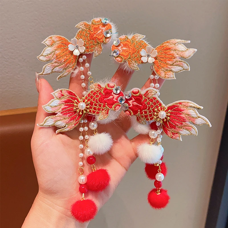 儿童喜庆锦鲤流苏对夹女孩过年公主他编发夹红色发卡古风春节发饰