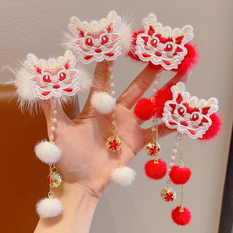 喜庆新年红色儿童古风发夹小女孩龙年中国风夹子宝宝拜年喜庆发饰