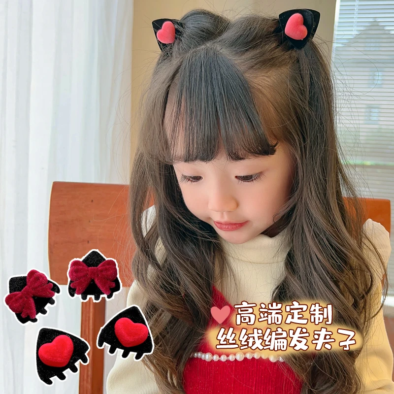 儿童猫耳朵小抓夹红色丝绒爱心迷你蝴蝶结夹子发饰发夹