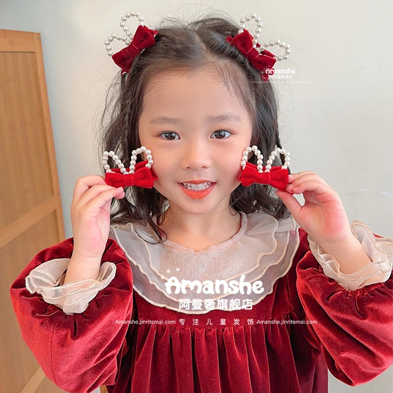 韩国女童甜美珍珠蝴蝶结发夹公主风小女孩发夹不伤发刘海夹侧边夹