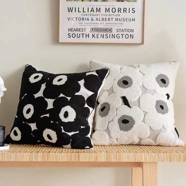 ins风芬兰黑白花朵刺绣抱枕套 轻奢高级感小香风沙发靠枕黑白靠垫