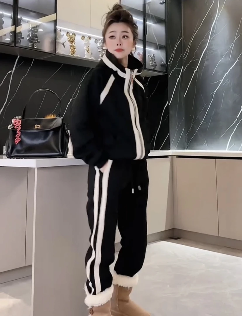 2024秋冬加绒休闲运动套装休闲裤加上衣显瘦时尚拉链式上衣加绒