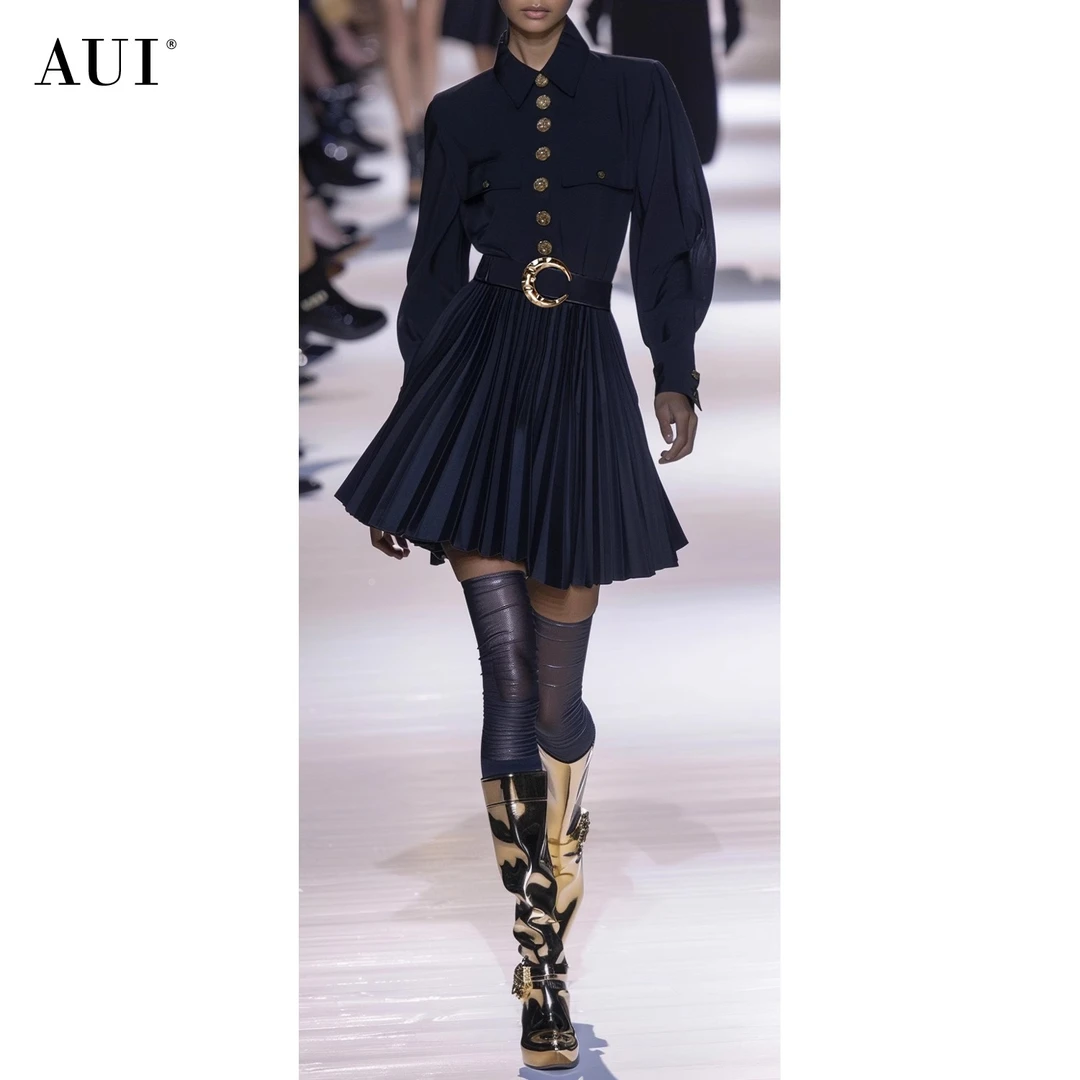 【丫头baby专属】AUI藏青色气质设计感泡泡袖衬衫连衣裙-24W014769