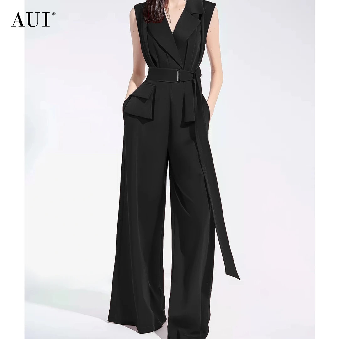 aui【老板娘夏天】高级气质阔腿连体裤女2024收腰连衣长裤24W074719
