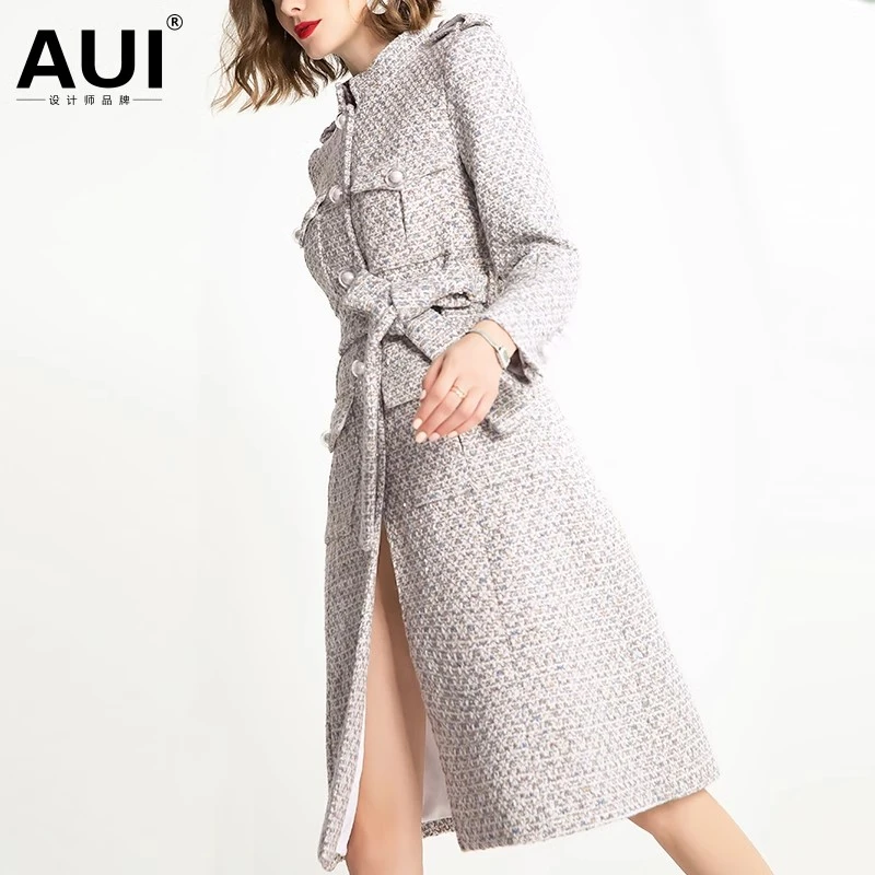 AUI白灰花色粗花呢气质毛呢大衣外套-19Q095024