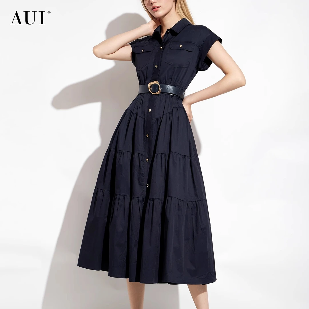 【诗语专属】AUI藏青色紫色设计感工装衬衫连衣裙女A字裙-24W014372