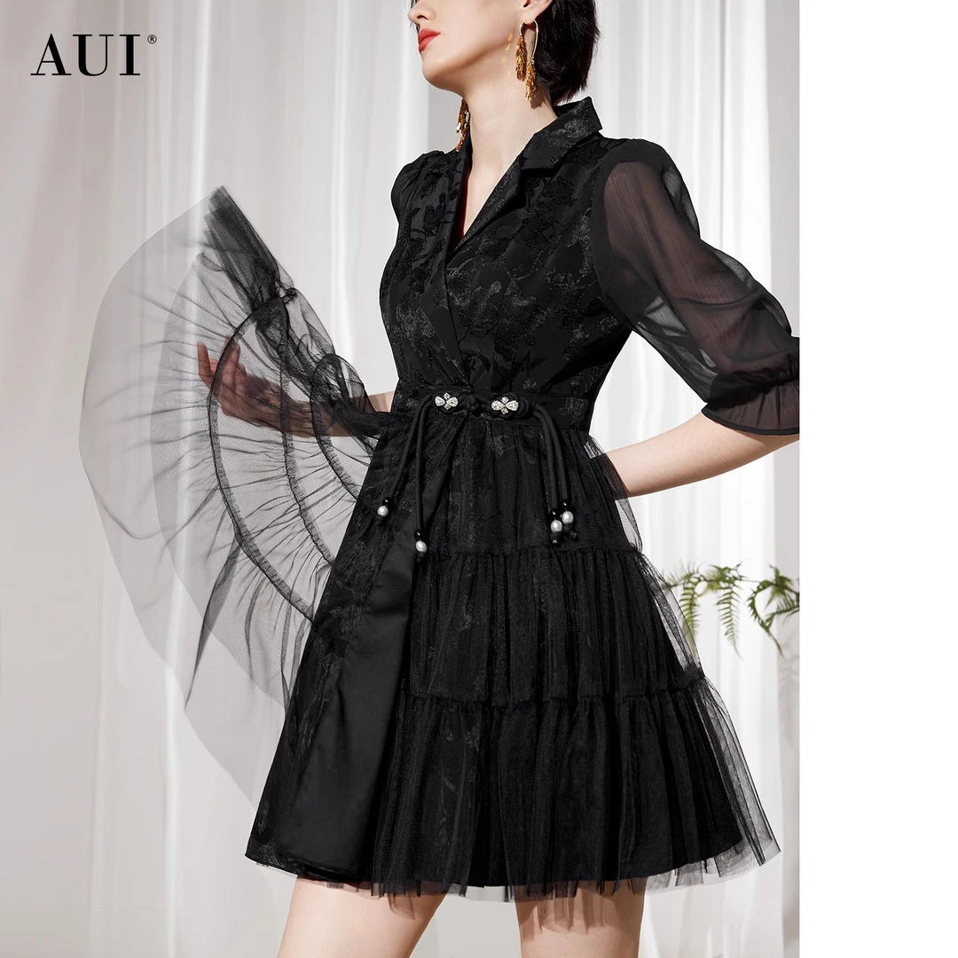 【诗语专属】新中式西装连衣裙收腰网纱A字中裙-24X014182