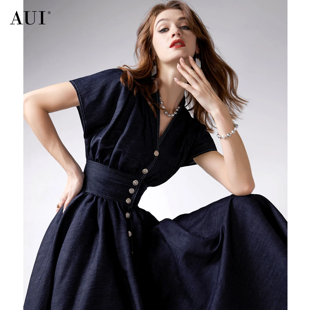 【大瑶】AUI藏青色工装无袖连衣裙御姐修身大摆裙-24W014613