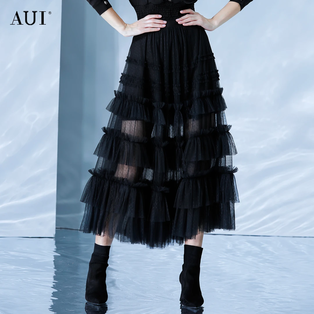 【诗语专属】AUI黑色气质网纱半裙高腰蕾丝蛋糕裙轻奢-21H148859