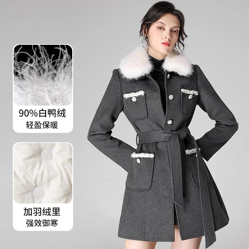 【老板娘夏天】AUI灰色御姐修身毛呢外套毛领大衣-24D097166Z