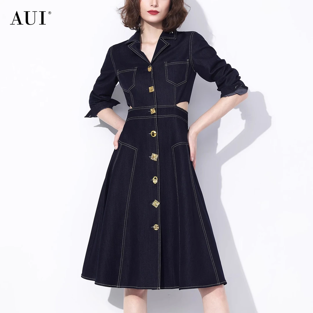 《粉丝专属》AUI黑色设计感修身仿牛仔衬衫连衣裙-23W012729