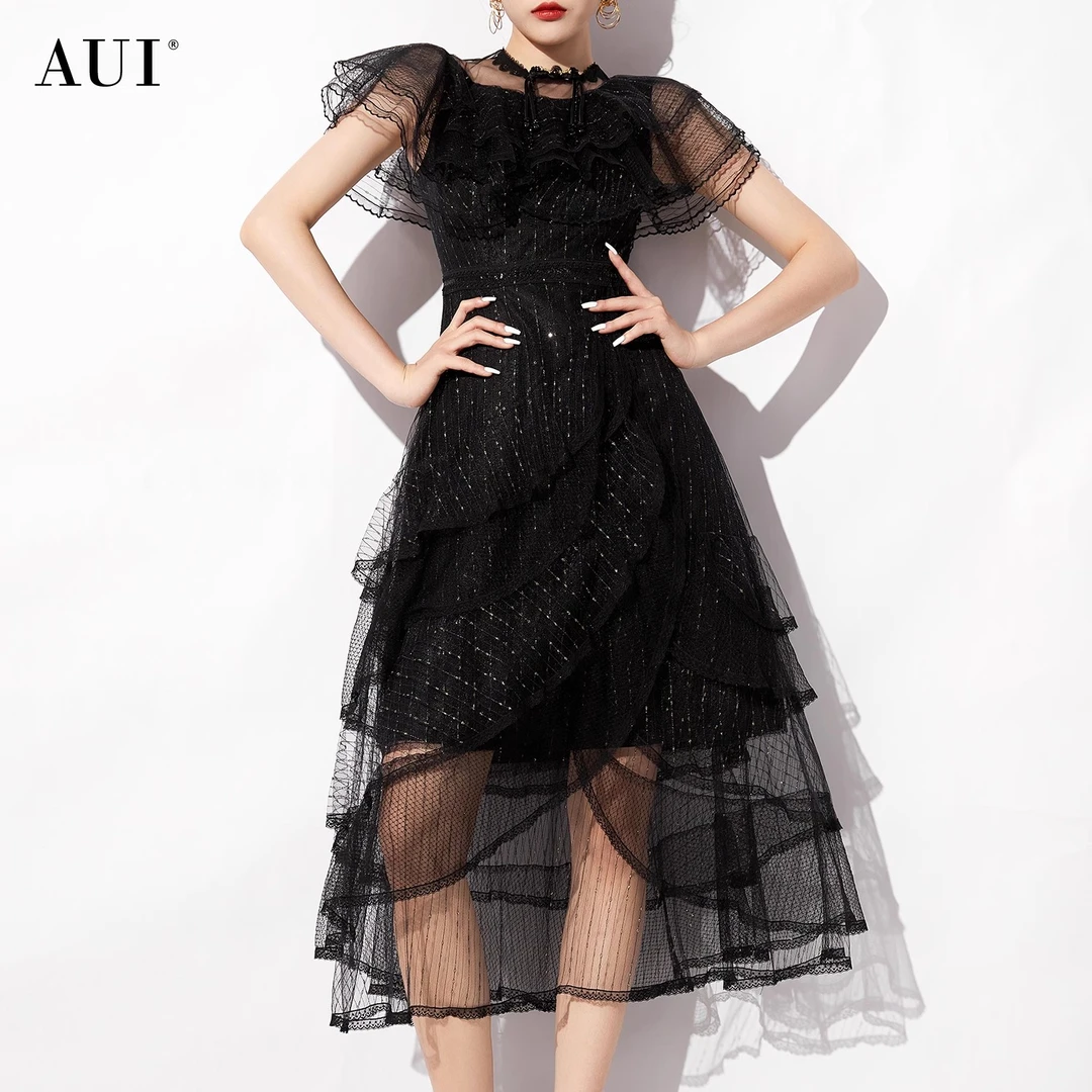 【韩诗诗专属】AUI黑色名媛气质设计蕾丝荷叶边连衣裙-24X014228