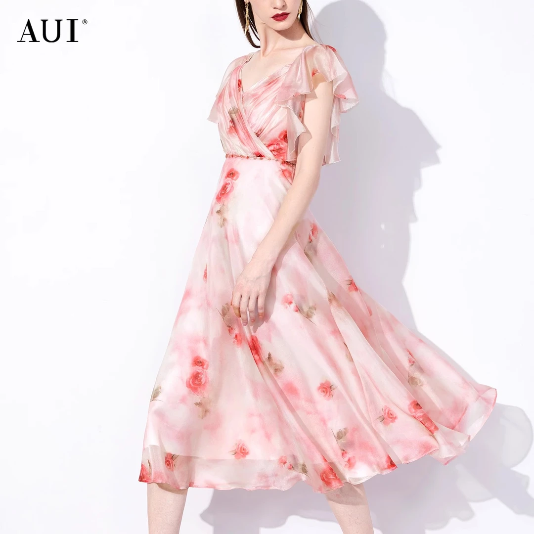 【老板娘夏天】AUI粉色名媛气质荷叶边碎花连衣裙V领长裙-23X012552