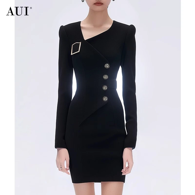 【媛媛女王专享】AUI黑色气质设计感修身长袖连衣裙-24W015449