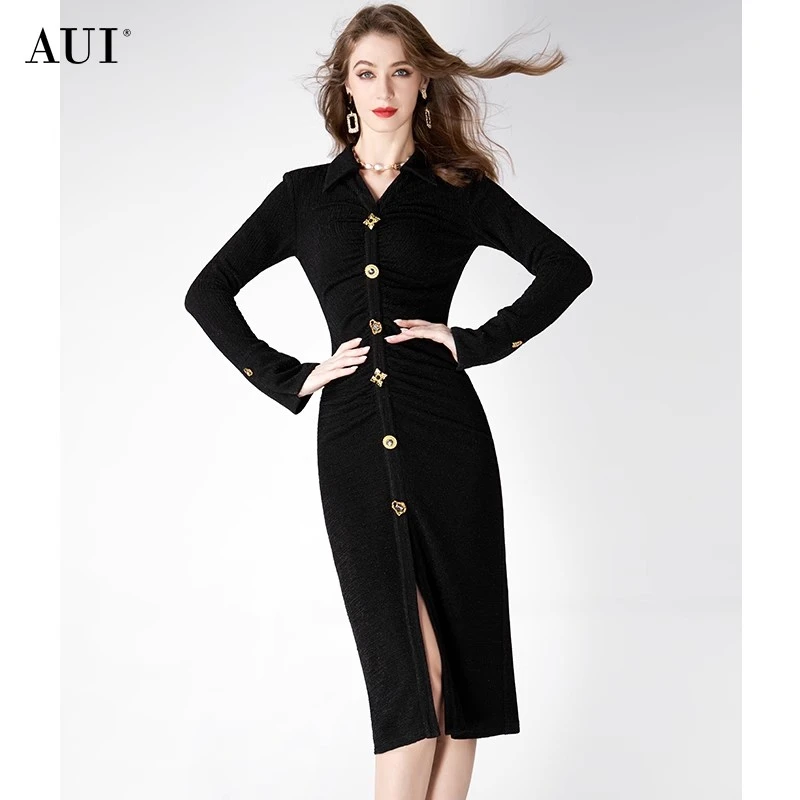 【小云总专享】AUI黑色气质V领高级修身醋酸针织连衣裙-24Q014789