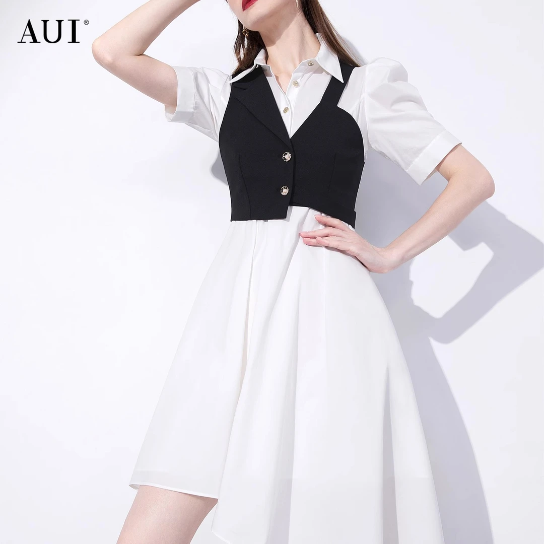 《李易行》AUI撞色设计感职业衬衫连衣裙女修身中长裙-23X012526
