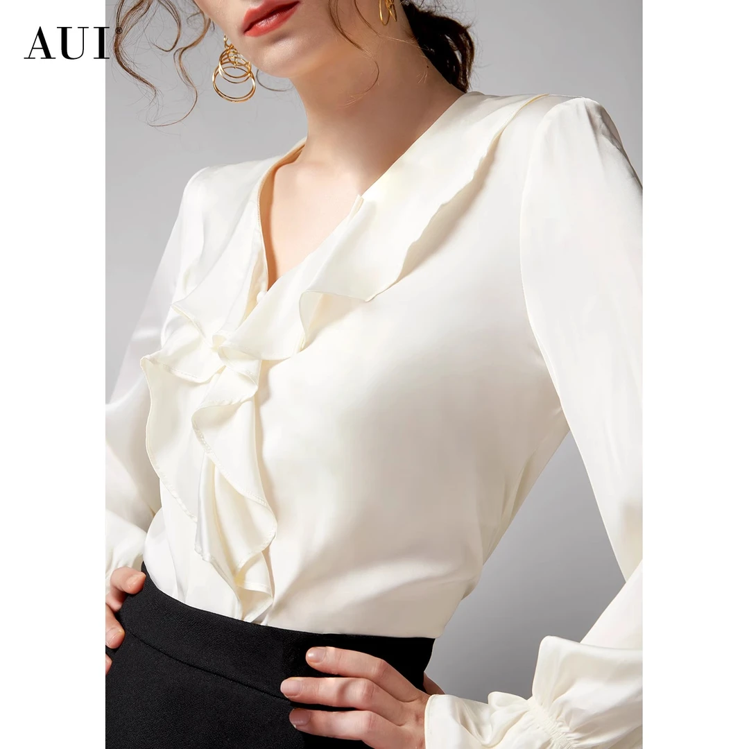 【老板娘夏天】AUI杏色法式设计感小众V领荷叶边衬衫女夏-24W054576