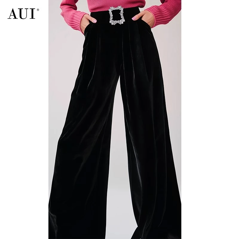 【彭彭专属】AUI黑色高级感丝绒阔腿裤高腰休闲裤-24W076531