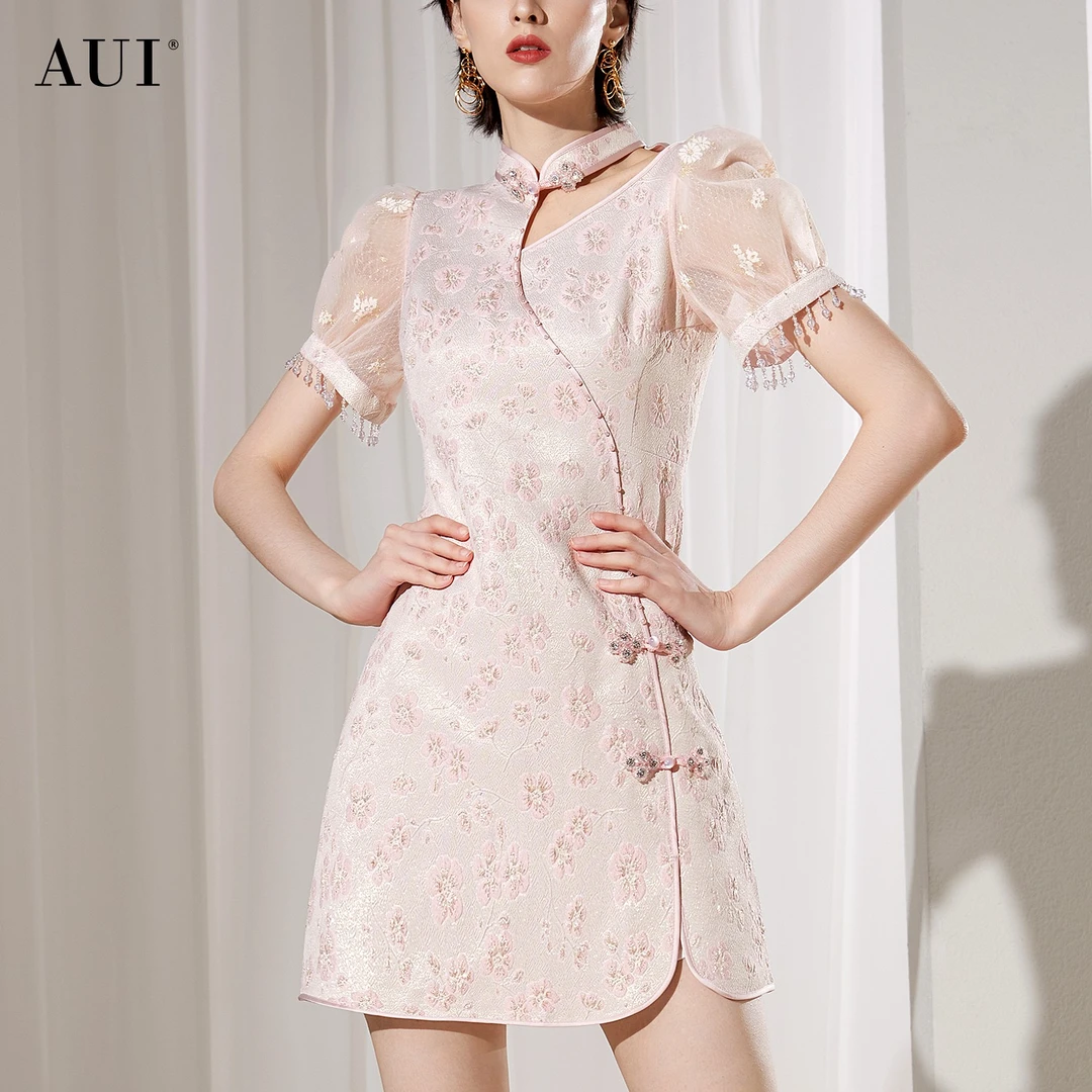 【媛媛女王专享】AUI粉色新中式旗袍改良泡泡袖连衣裙女-24W014089