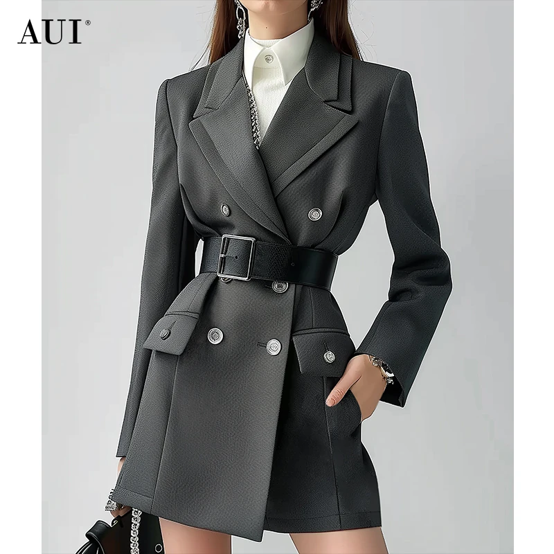 aui灰色廓形修身西装外套女春季老钱风御姐气质宽松西服24W045439