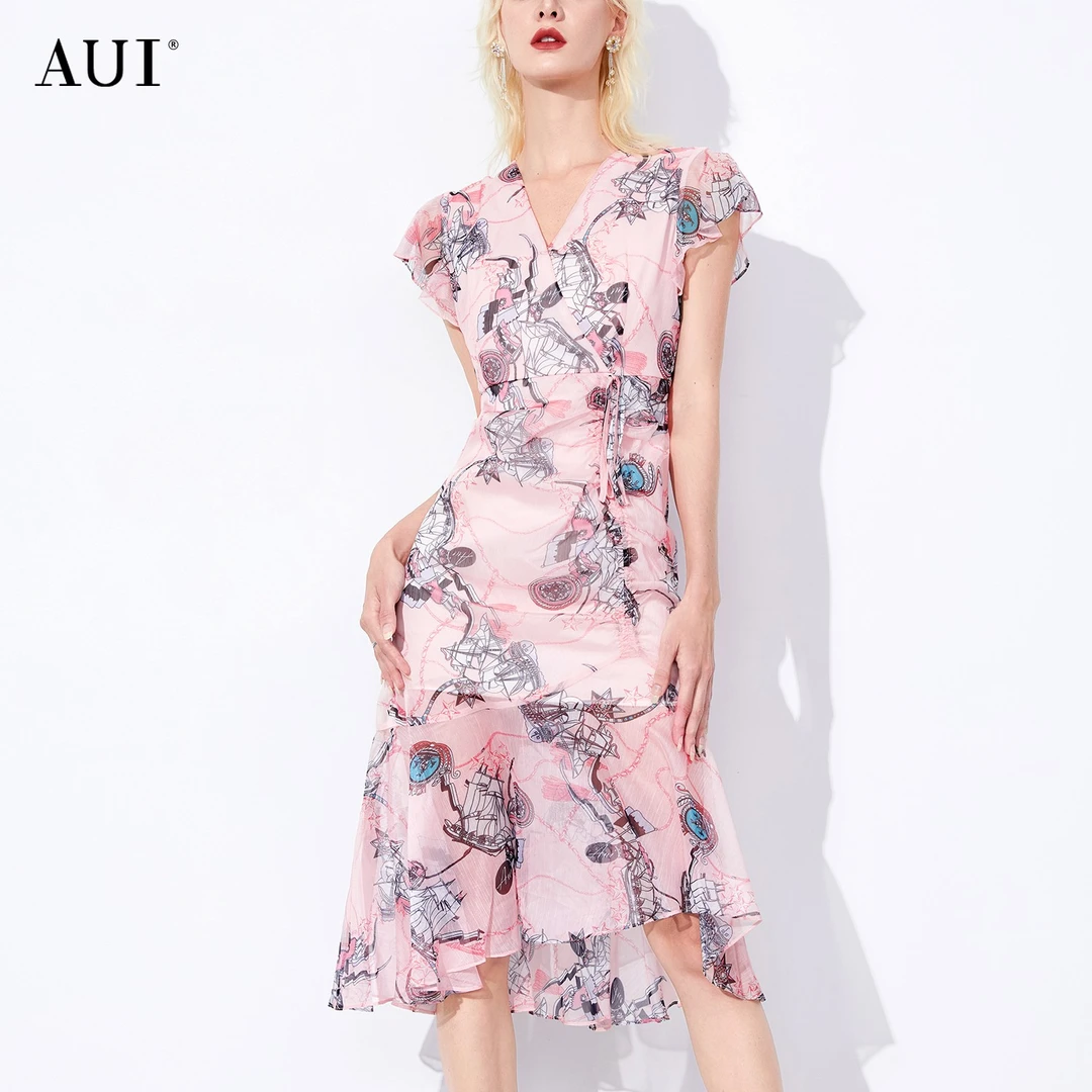 【韩诗诗专属】AUI雪纺碎花连衣裙气质收腰V领荷叶边裙-21E018314