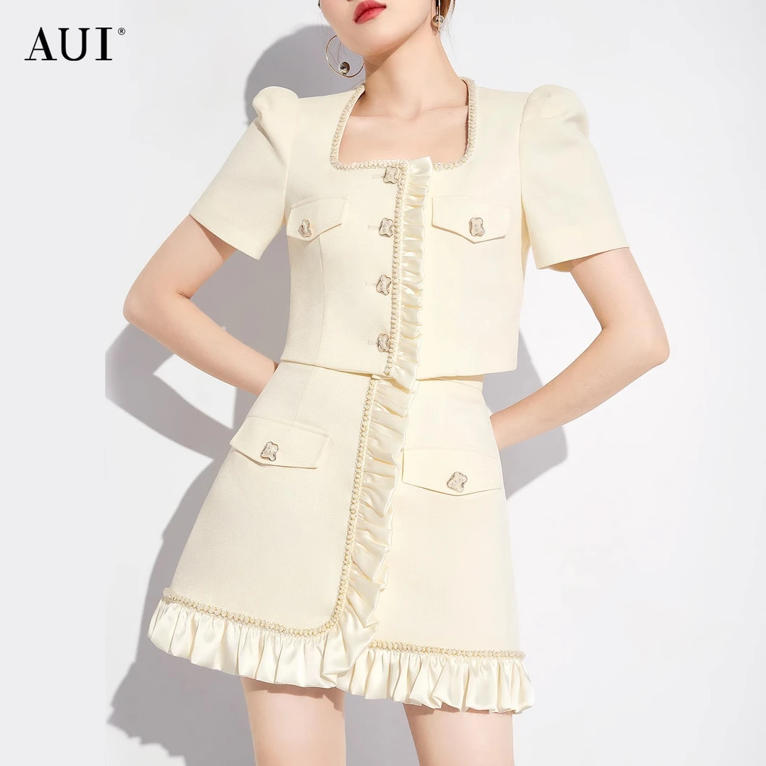 【老板娘夏天】杏色小香风套装夏款短外套半身裙两件套23W022666