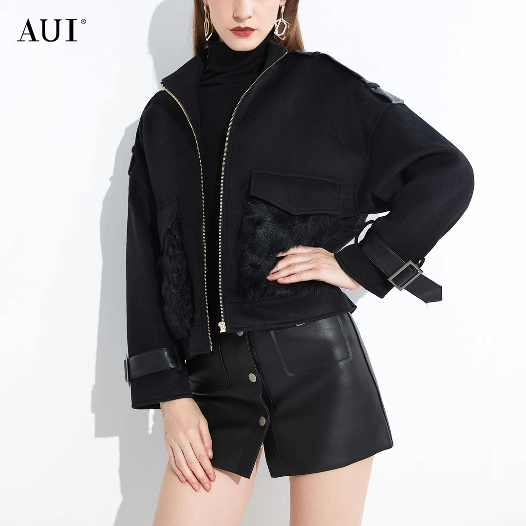 AUI黑色御姐气质宽松休闲短款毛呢外套女-21L099470