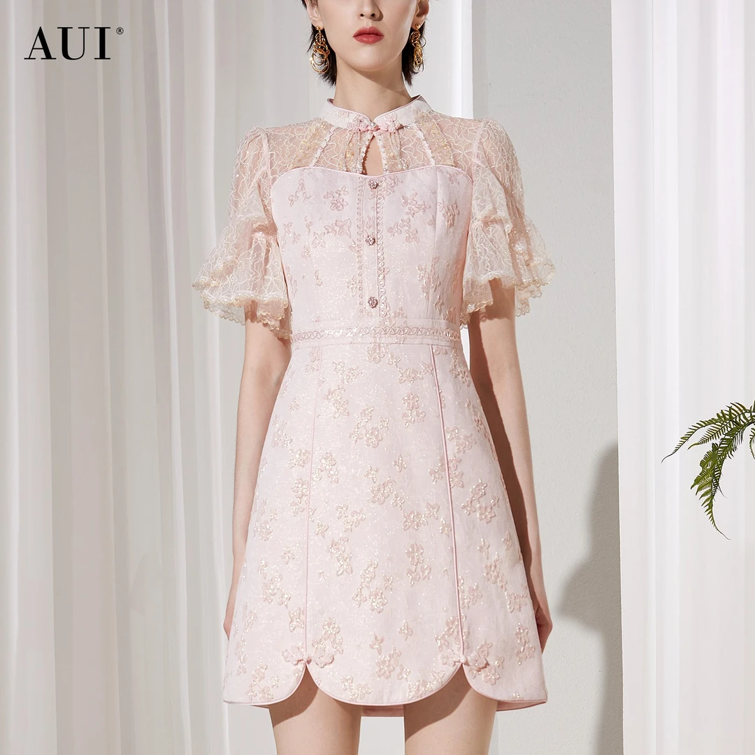 【媛媛女王专享】AUI粉色名媛气质减龄新中式国风连衣裙-24X014075