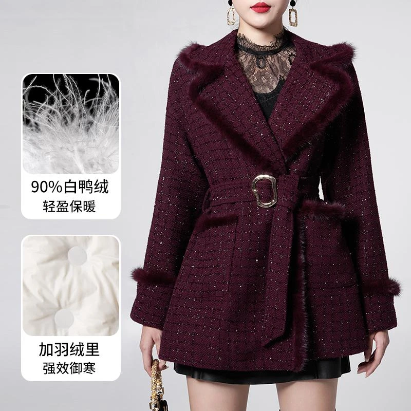 【小云总专享】AUI暗紫色水貂毛设计感小香风毛呢外套-24D096852Z